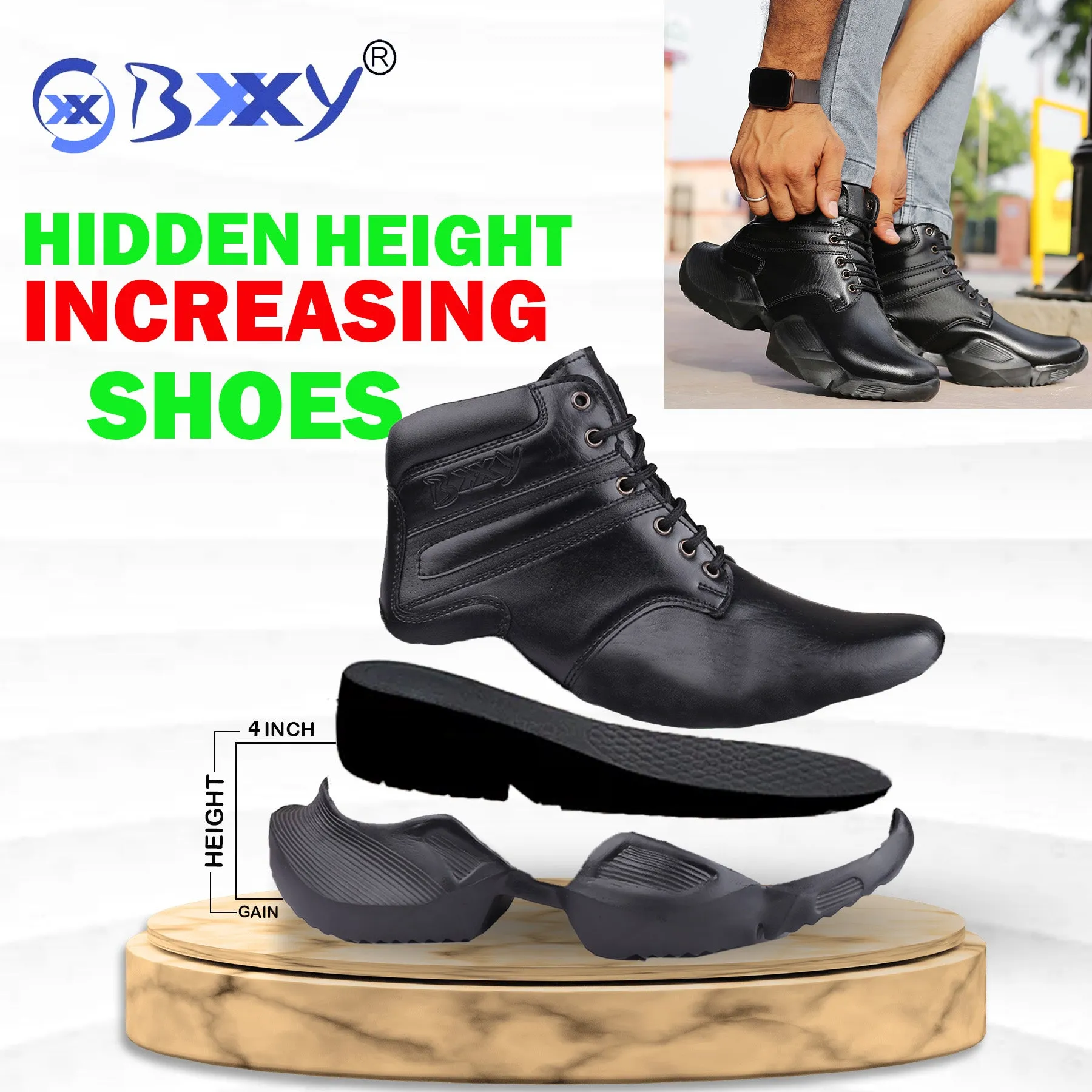 Bxxy Men's 4 Inch Hidden Height Increasing Faux Leather Casual Ankle Lace-Up Light Weight Shoes