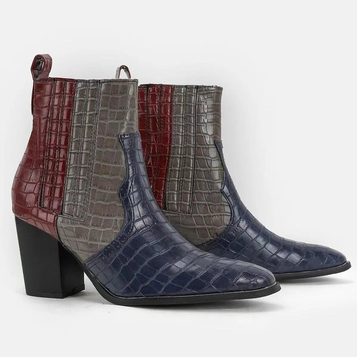 Chunky High Heel Color Blocking Snake Print Boots