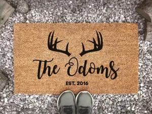 Coolspod- Outdoor Mat- Personalized Antlers With Family Name and Est. Date, Country Doormat, Custom Coir Door Mat