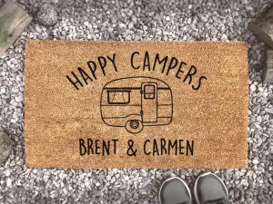 Coolspod- Outdoor Mat- Personalized Happy Campers Names Doormat, Custom Coir Welcome Mat, House Name Sign, Home Decor