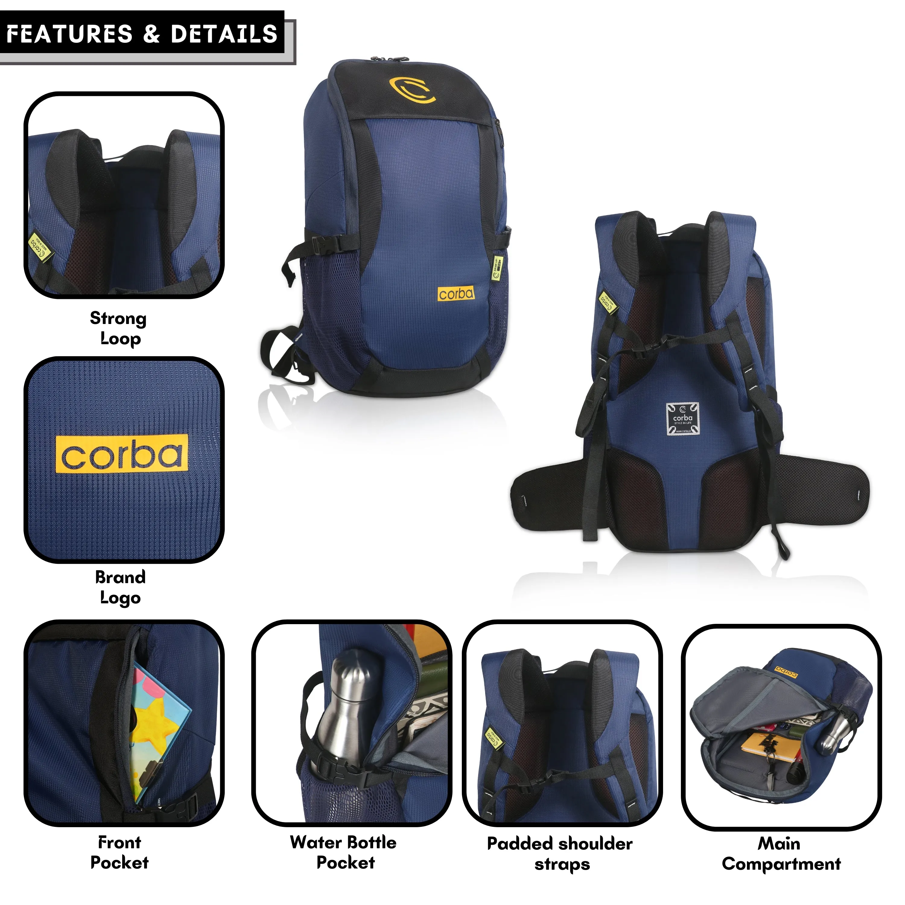 Corba Large 37 L Backpack Adventure Unisex Bag Navy Blue