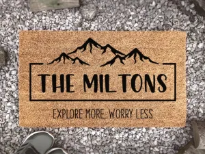 Custom Camping Doormat, Explore More Worry Less, Doormat Personalized, Family Name Mat, Travel Gift, Adventure Time