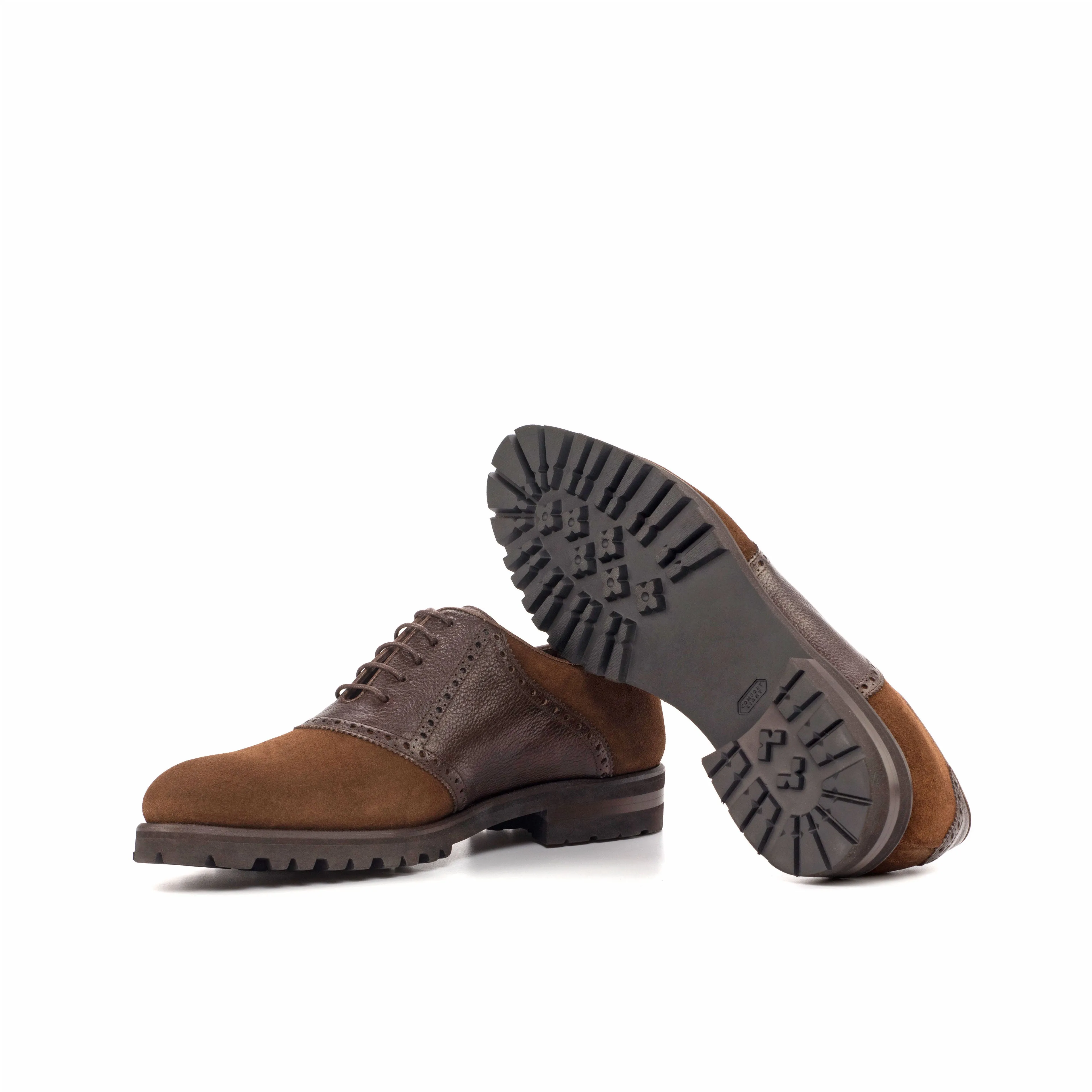 DapperFam Fabrizio in Med Brown / Dark Brown Men's Lux Suede & Italian Full Grain Leather Saddle