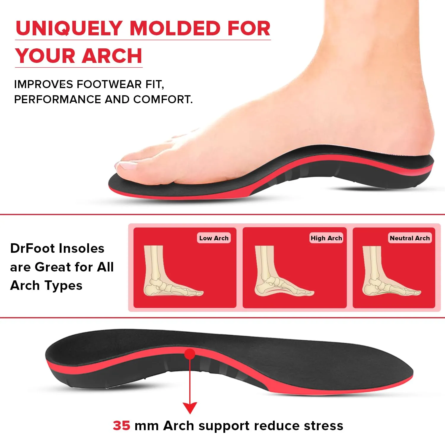 Dr Foot | Insole for Shoes Men | Arch Support for Flat Feet | Shoe Insole for Women | Flat Feet Arch Support Insole | Gel Insoles for Men | Feet Pain Shoe Insert | All Day Comfort | XSmall - Pack of 3