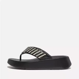 Fitflop Women F-Mode Woven-Leather Flatform Toe-Post Sandals |HN4-001| Black