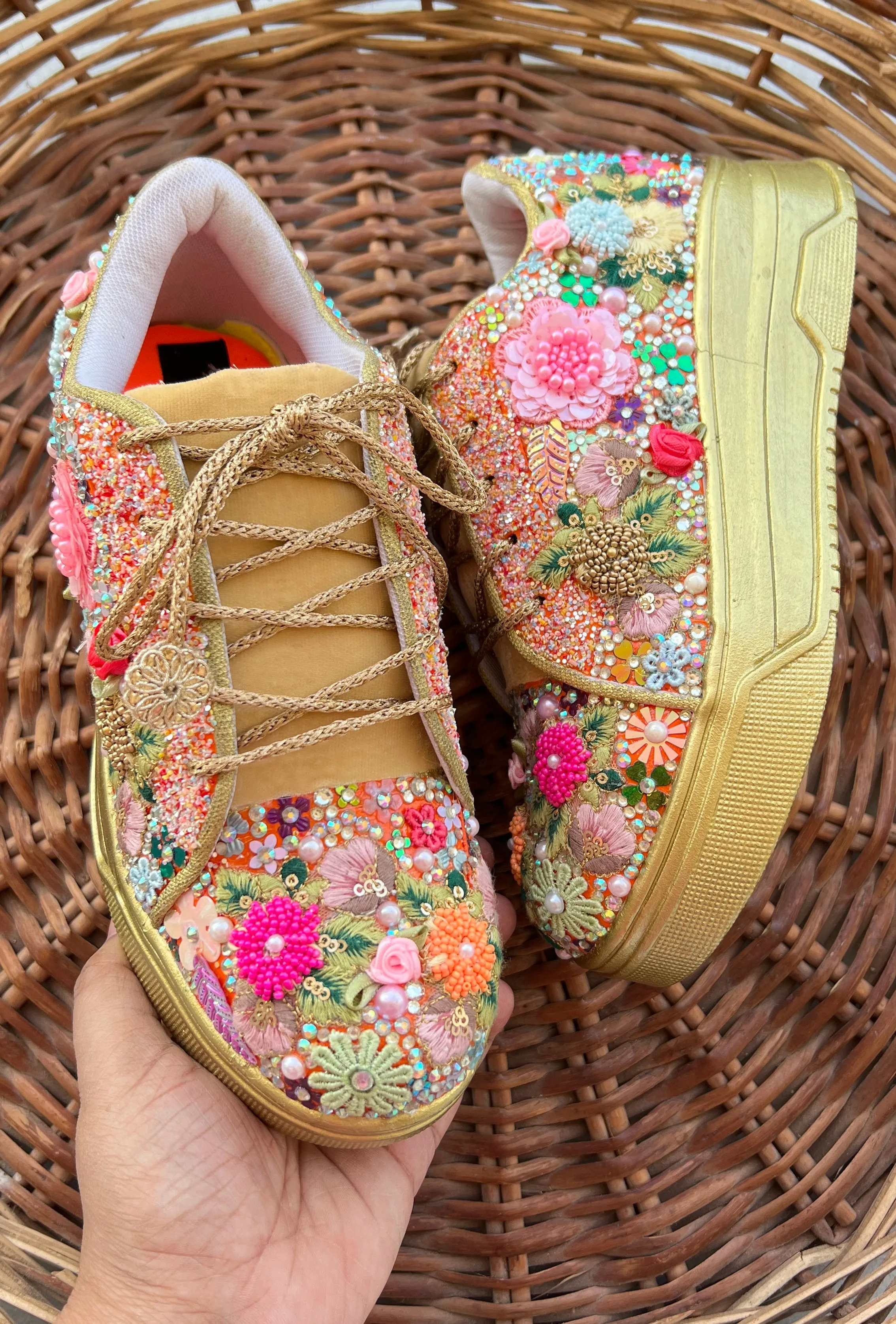 FUNKY N TRENDY fully hand crafted floral work with beads rhinestones cutdana etc /bridal sneakers / bridesmaid sneakers/ floral sneakers /colorful sneakers /bridal shoes / haldi mahendi shoes/ gold sneakers