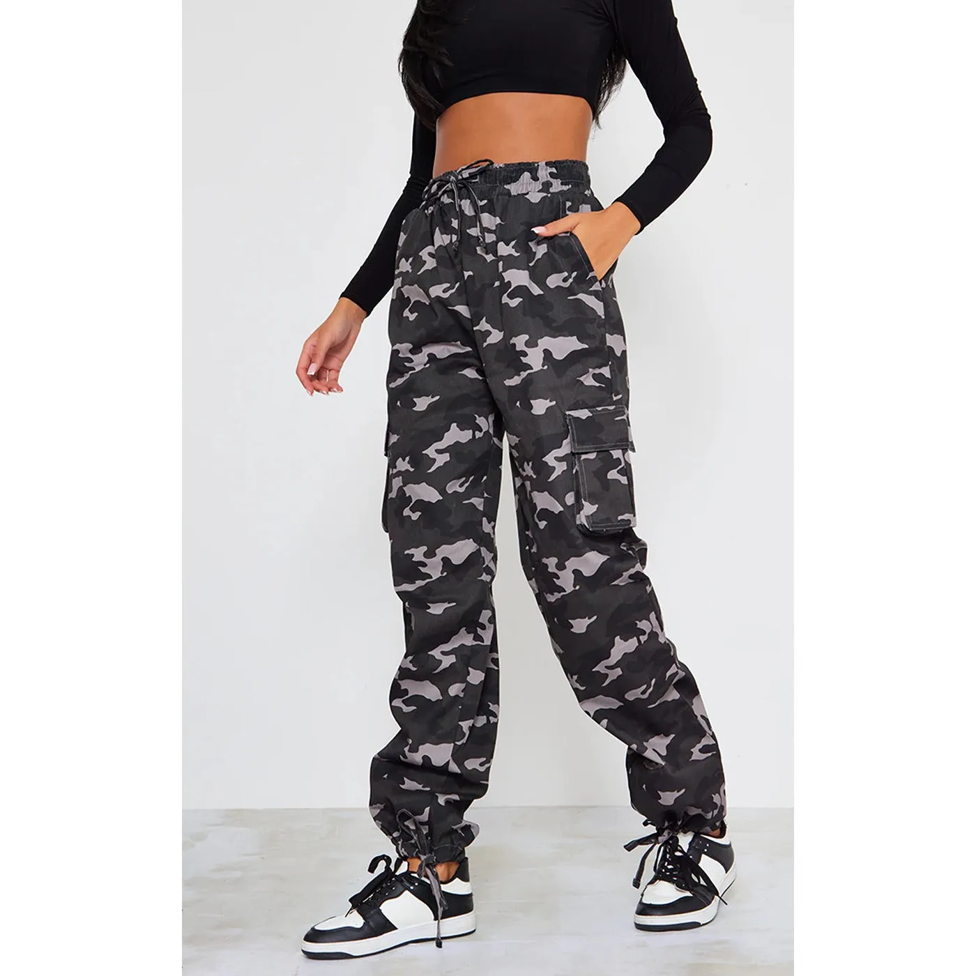 Grey Drawstring Camo Cargo Trousers