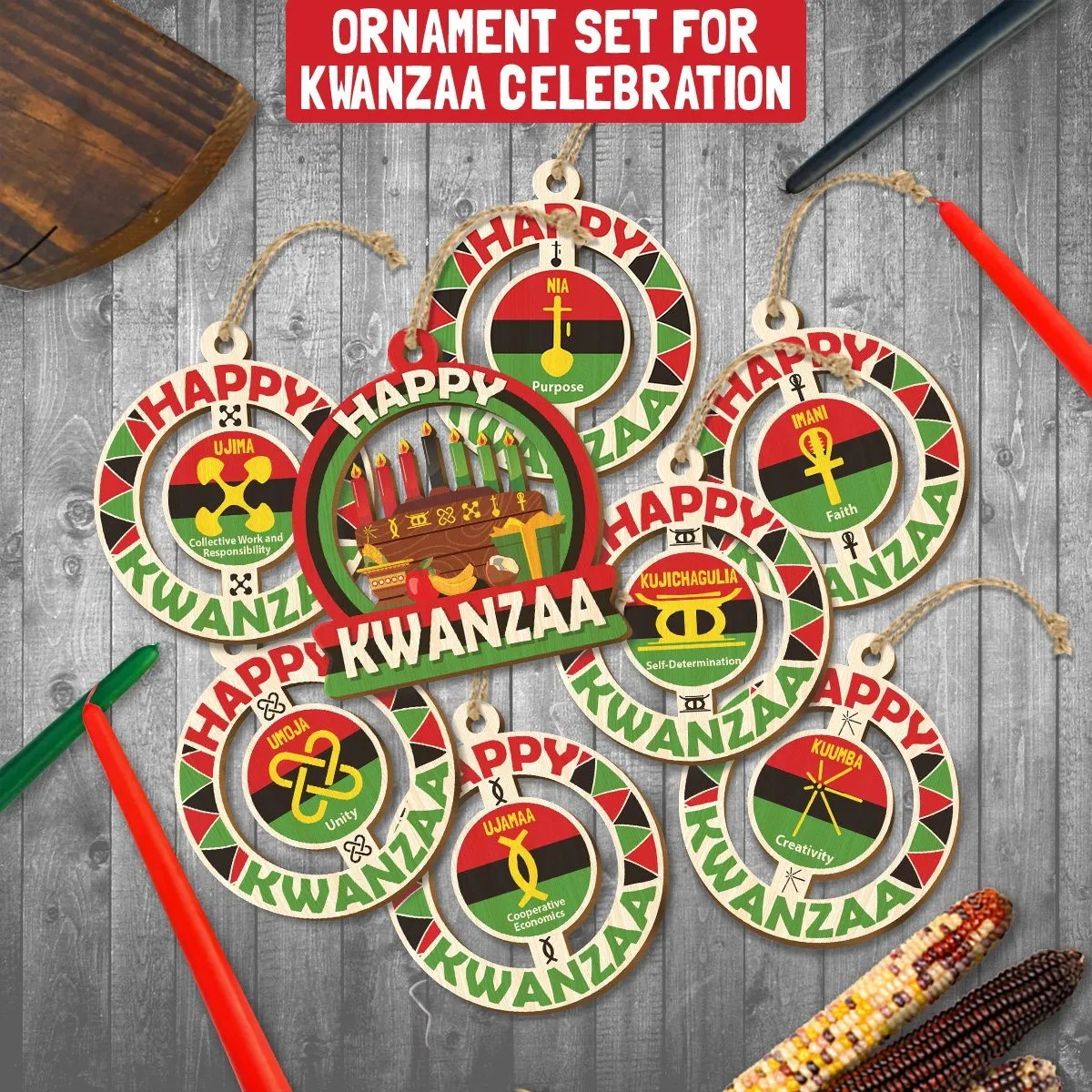 Happy Kwanzaa Wood Ornaments