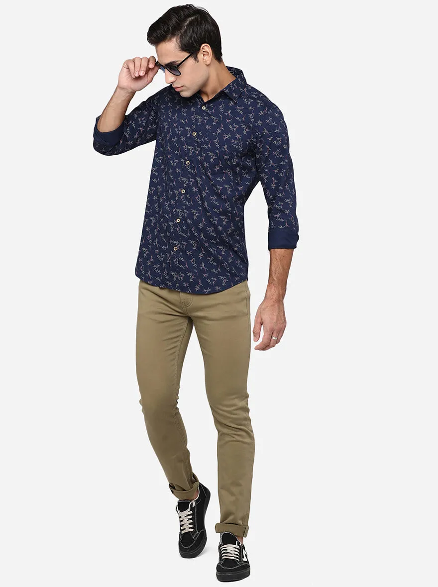 Indigo Blue Printed Slim Fit Semi Casual Shirt | JadeBlue