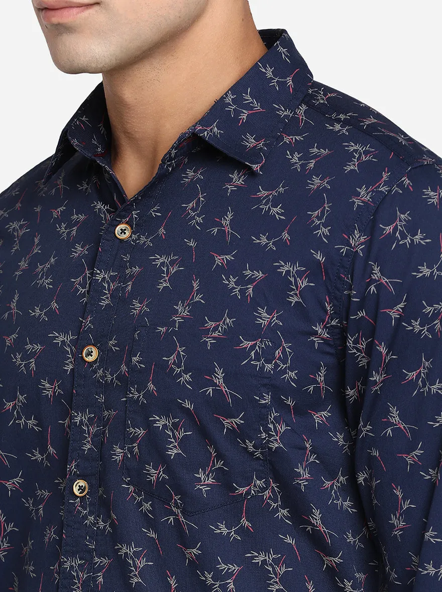 Indigo Blue Printed Slim Fit Semi Casual Shirt | JadeBlue