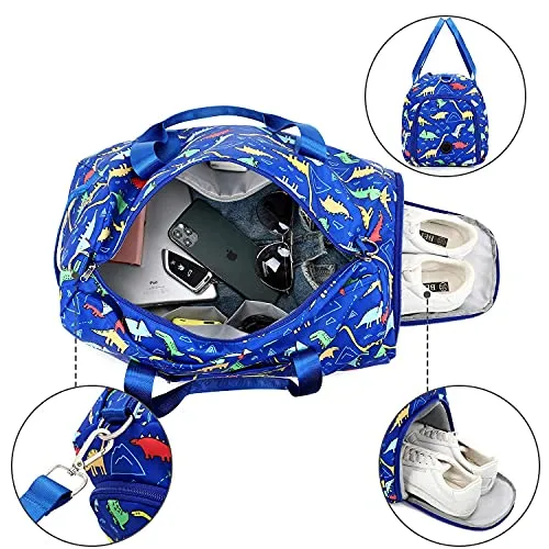 Kids Duffel Overnight Bag For Boys - Girls - Dinosaur - Dark Blue