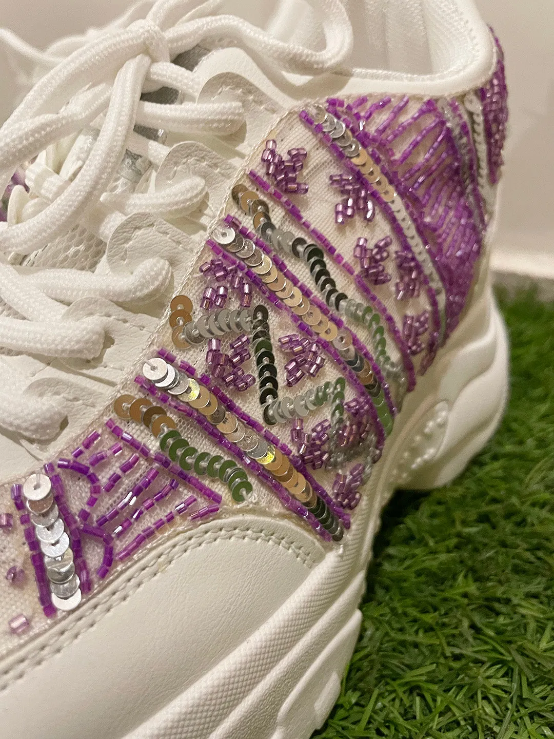 Lavender and Silver Sequins Custom Kanvas Sneakers