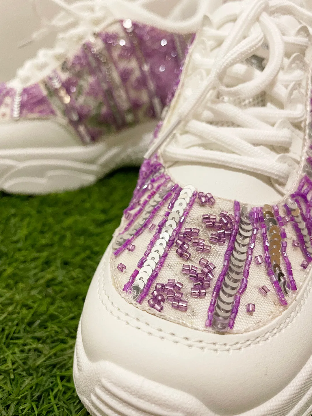 Lavender and Silver Sequins Custom Kanvas Sneakers