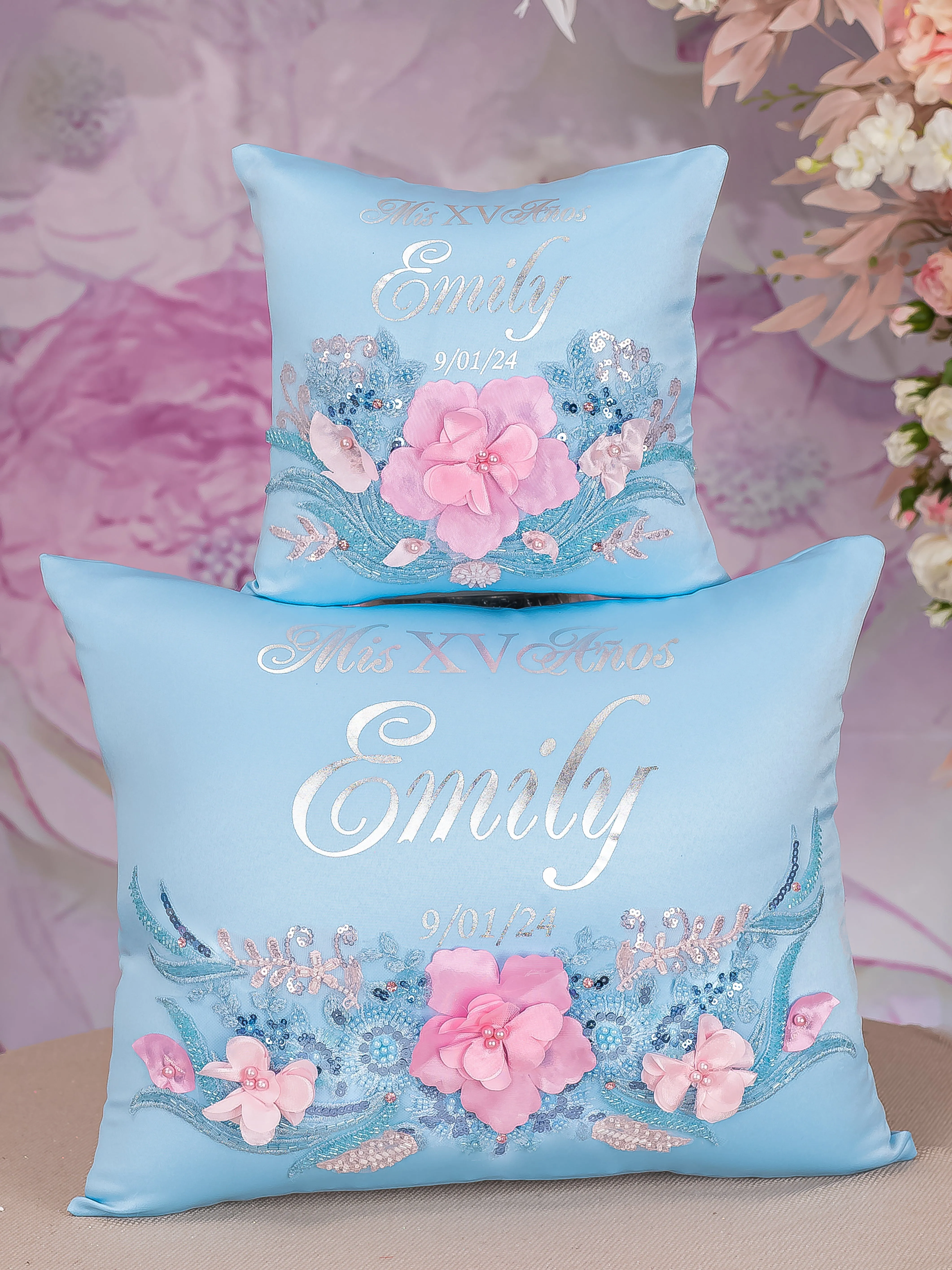 Light blue with pink quinceanera kneeling pillow, shoes pillow