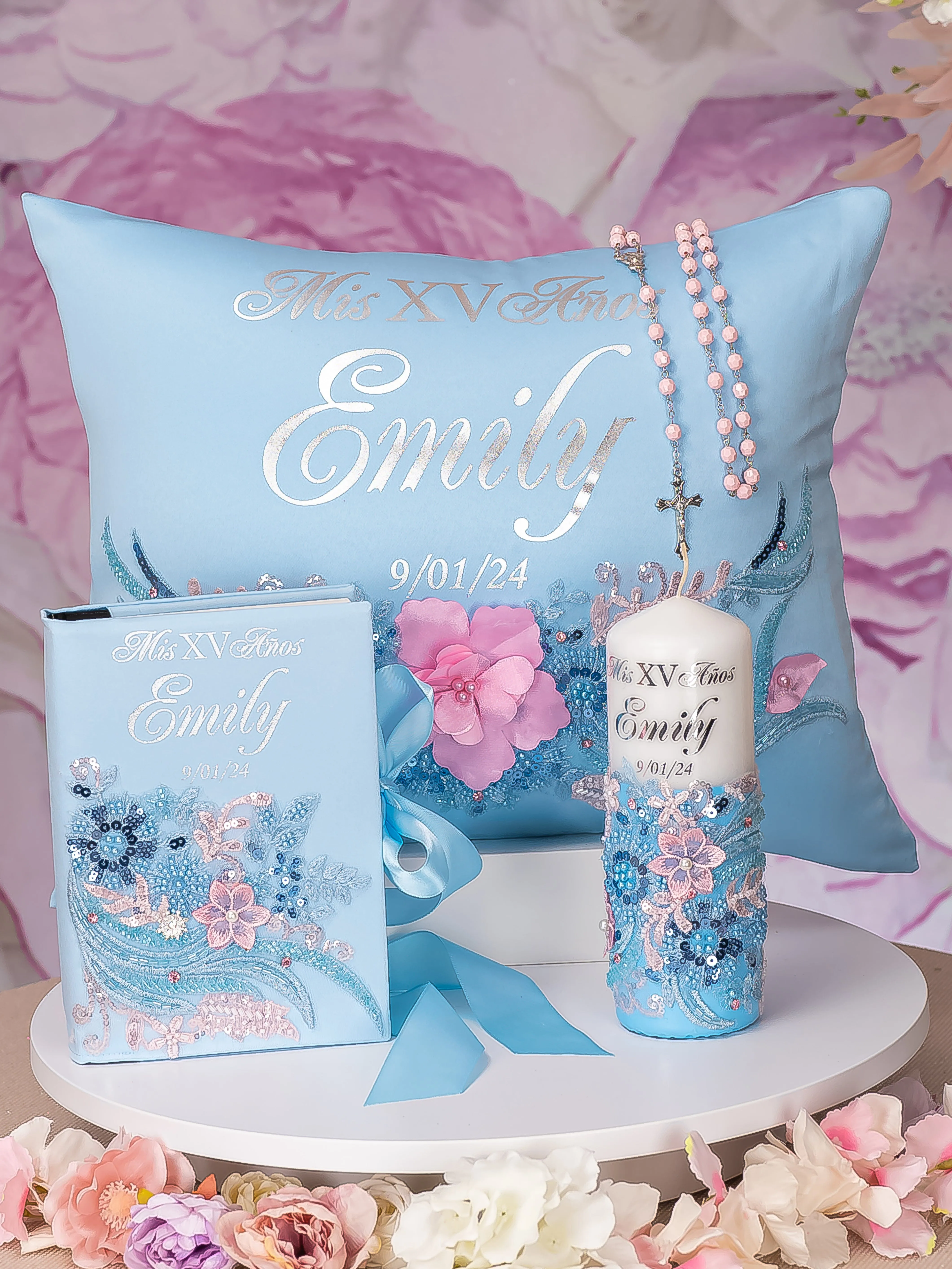 Light blue with pink quinceanera kneeling pillow, shoes pillow