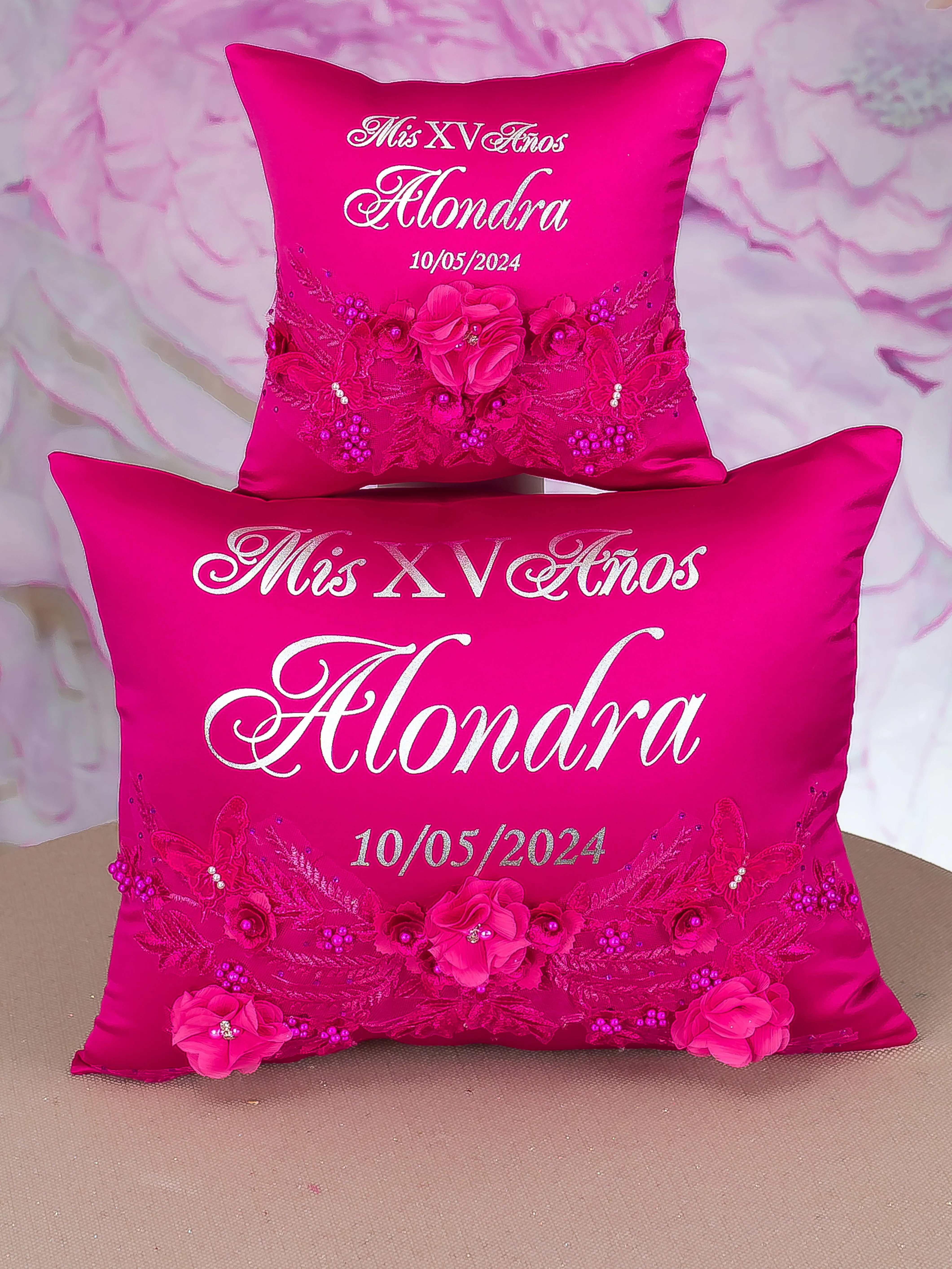 Magenta quinceanera kneeling pillow, shoes pillow