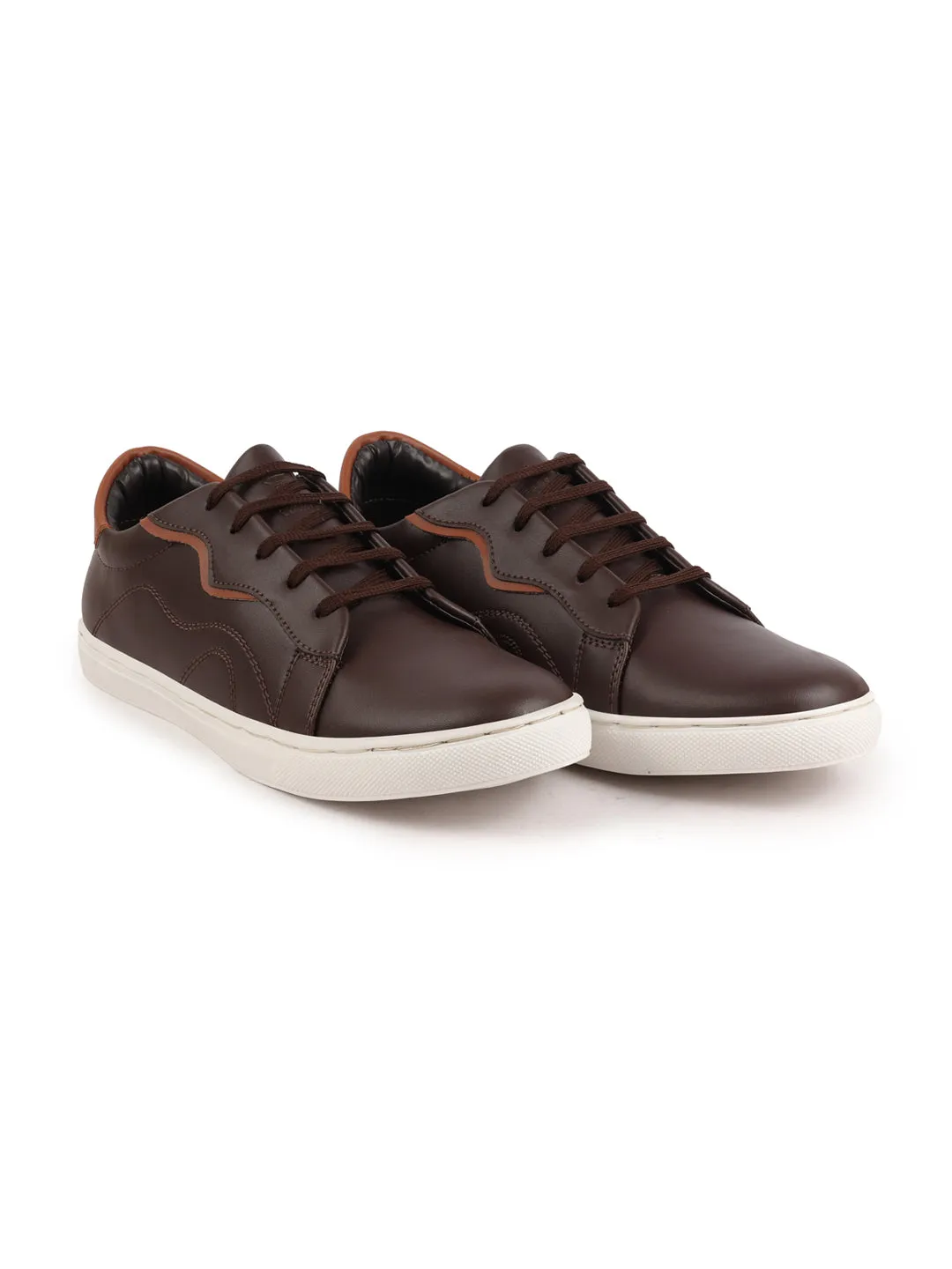 Men Brown Classic Lace Up Elevated Look Sneaker Shoes with Contrast Sole|Low Ankle|Casual Shoe