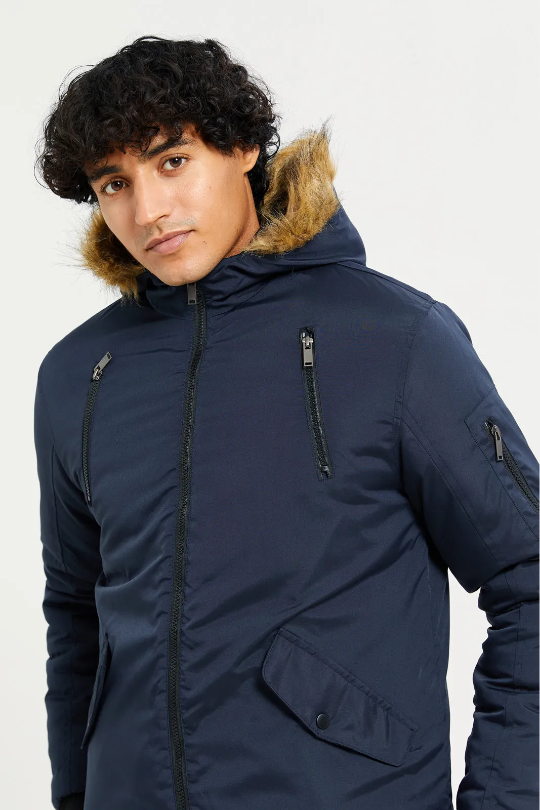 Men Navy Hooded Jacket