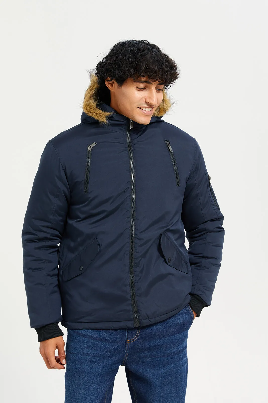 Men Navy Hooded Jacket