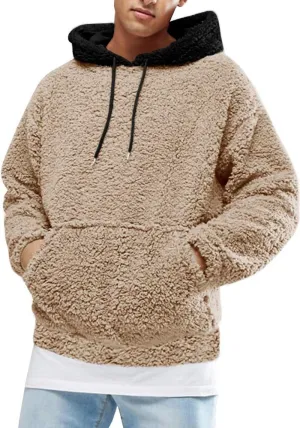 Mens Fuzzy Sherpa Pullover Hoodie Sweatshirts Long Sleeve Sport Front Pocket Fall Outwear Winter Hooded