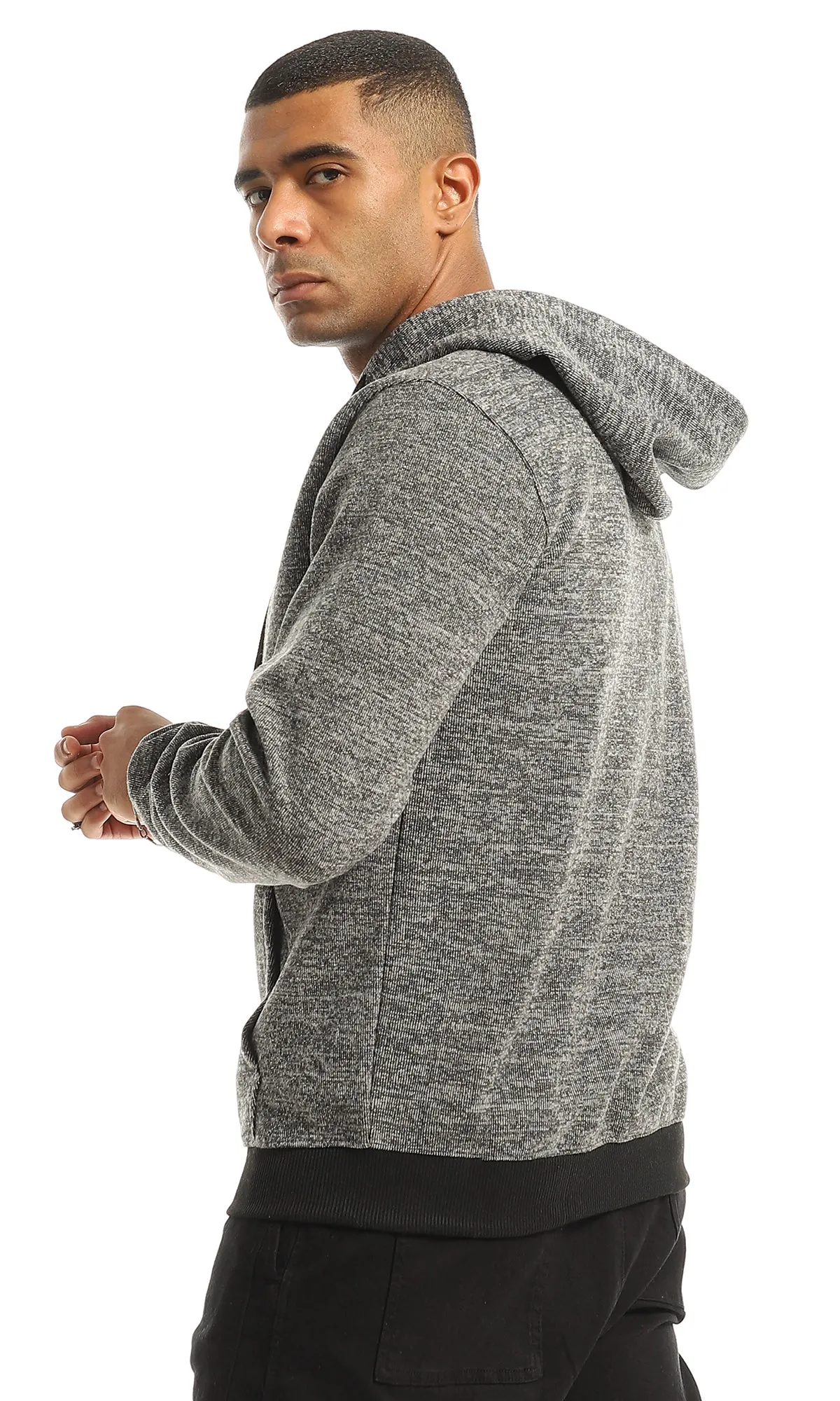 O155661 Black & Grey Hooded Sweatshirt With Front Zipper