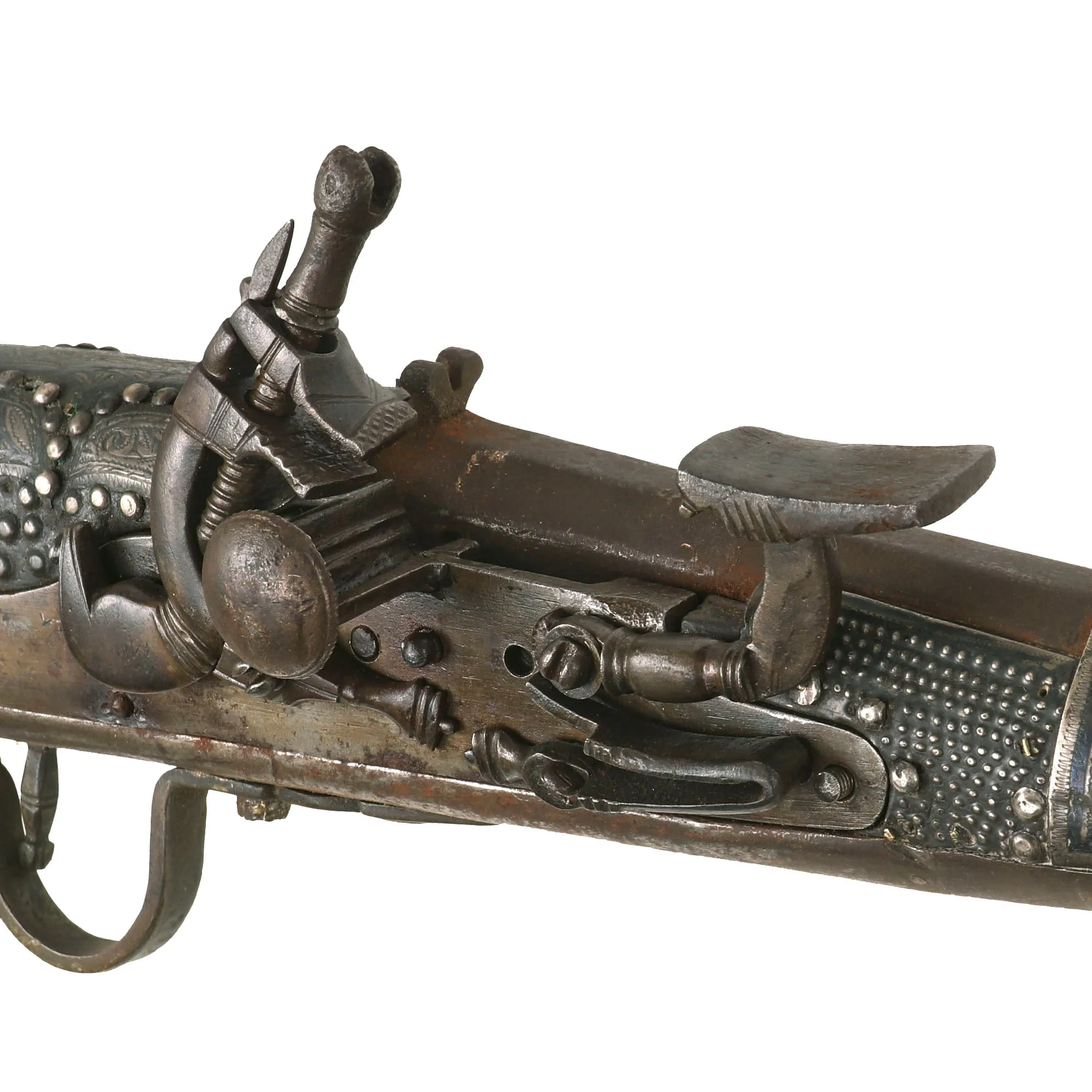 Original Early 19th Century North African Kabylia Style Snaphaunce Lock Jezail with Niello & Silver Ornamented Stock