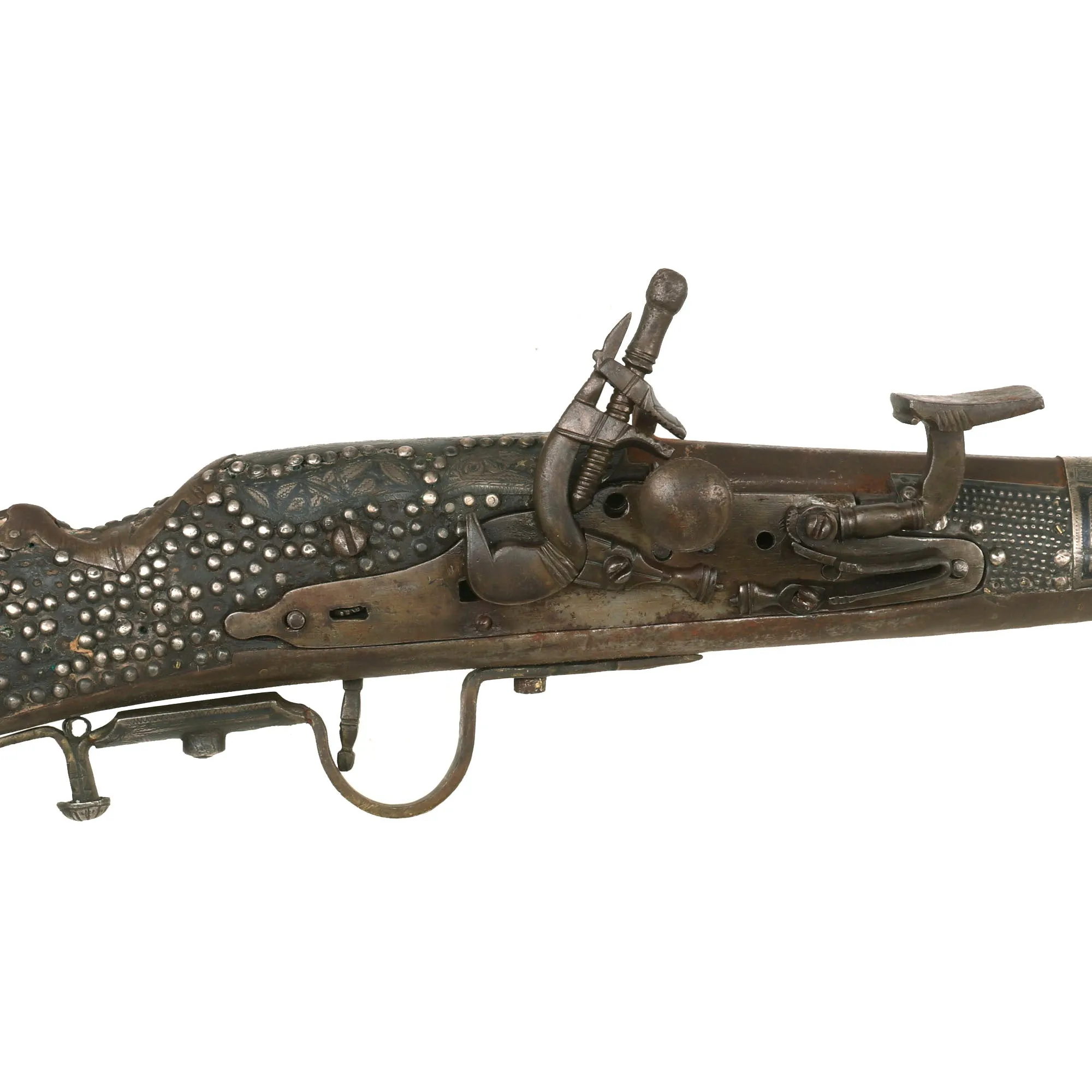 Original Early 19th Century North African Kabylia Style Snaphaunce Lock Jezail with Niello & Silver Ornamented Stock