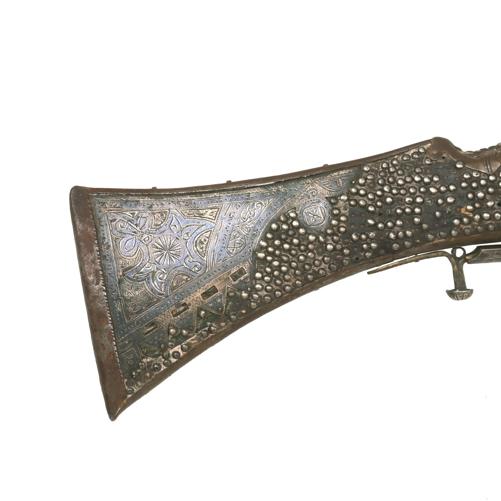 Original Early 19th Century North African Kabylia Style Snaphaunce Lock Jezail with Niello & Silver Ornamented Stock