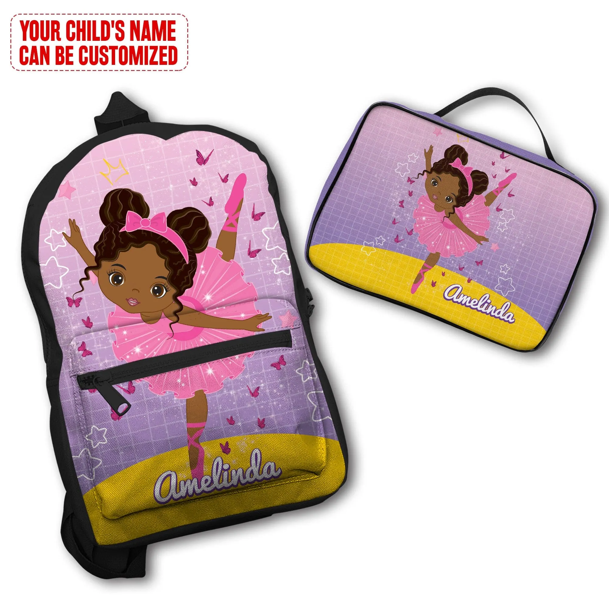 Personalized Ballet Dancing Little Afro Girl Kid Backpack And Lunch Bag Set