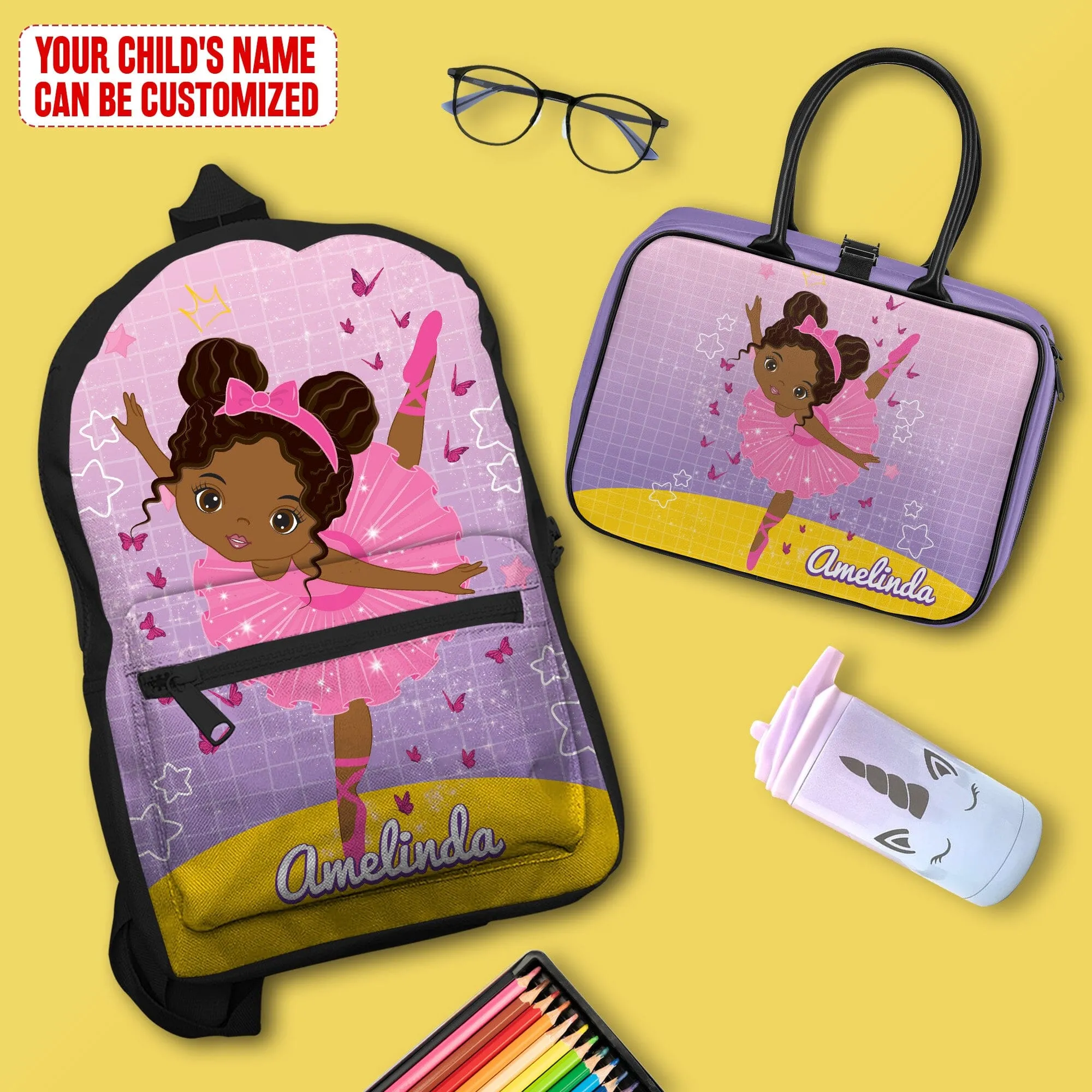 Personalized Ballet Dancing Little Afro Girl Kid Backpack And Lunch Bag Set