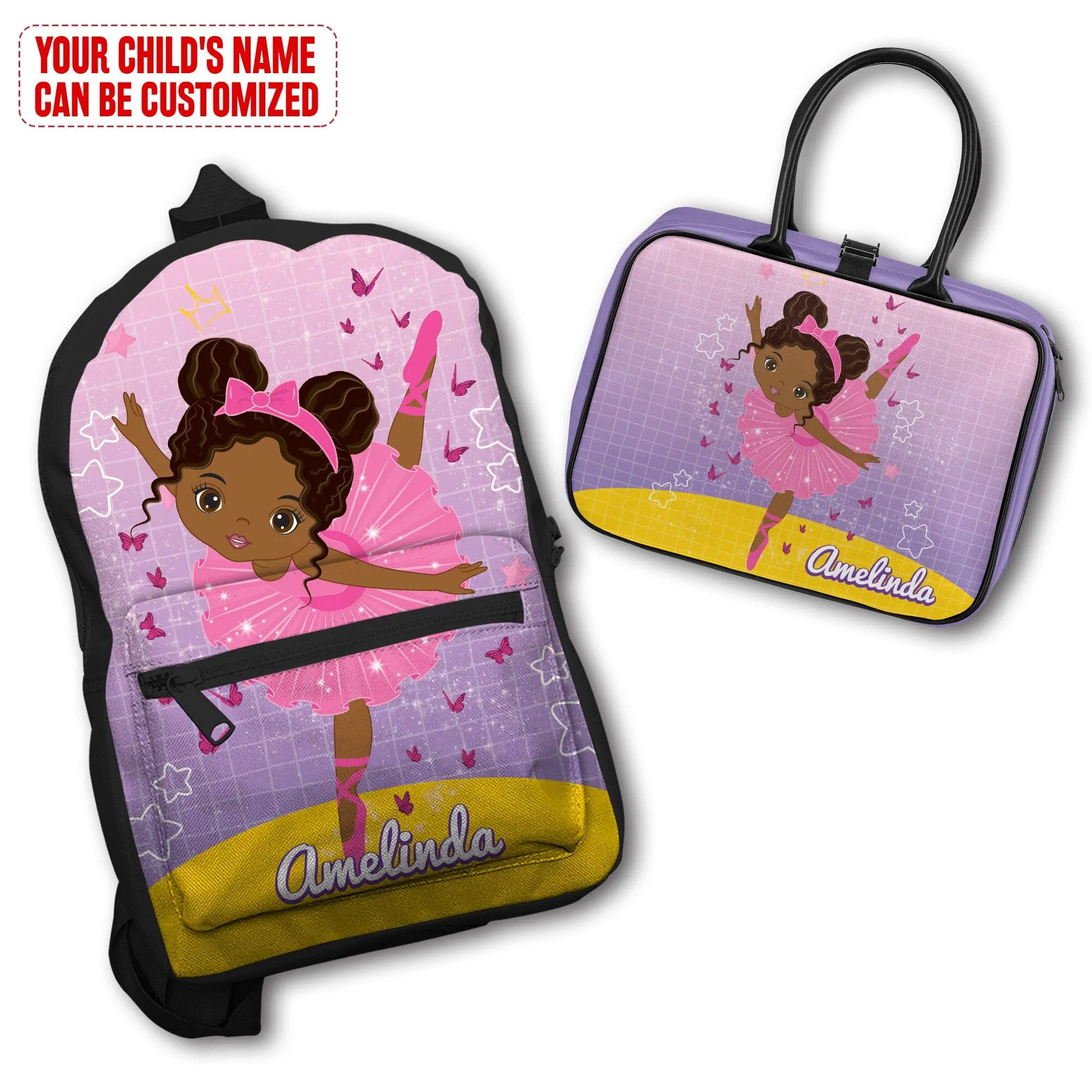 Personalized Ballet Dancing Little Afro Girl Kid Backpack And Lunch Bag Set