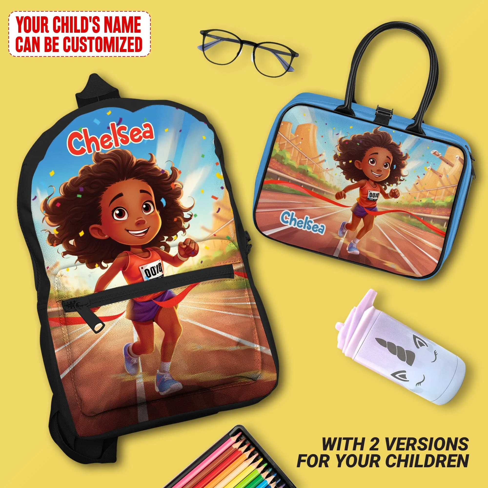 Personalized Little Afro Athlete Kid Backpack And Lunch Bag Set