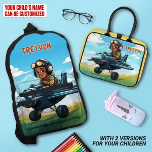 Personalized Little Afro Pilot Kid Backpack And Lunch Bag Set