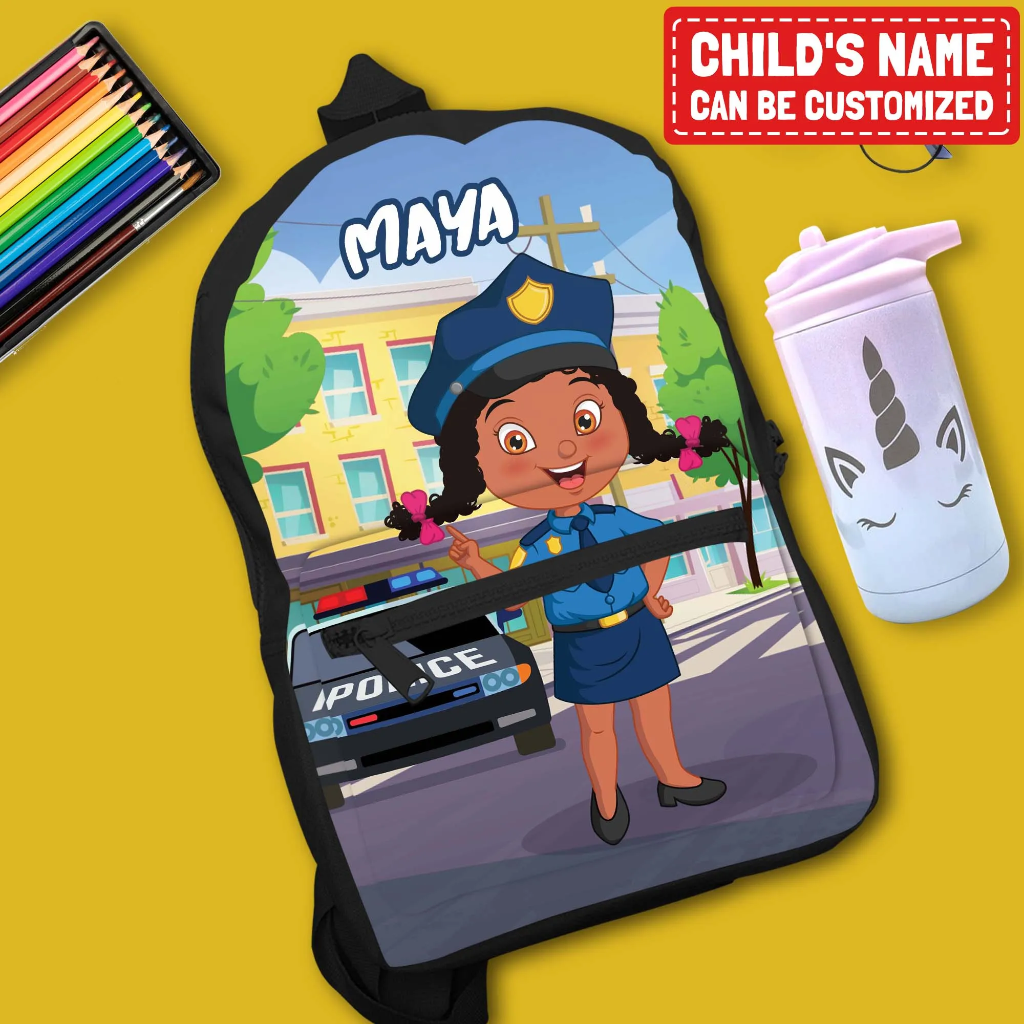 Personalized Little Afro Police Kid Backpack