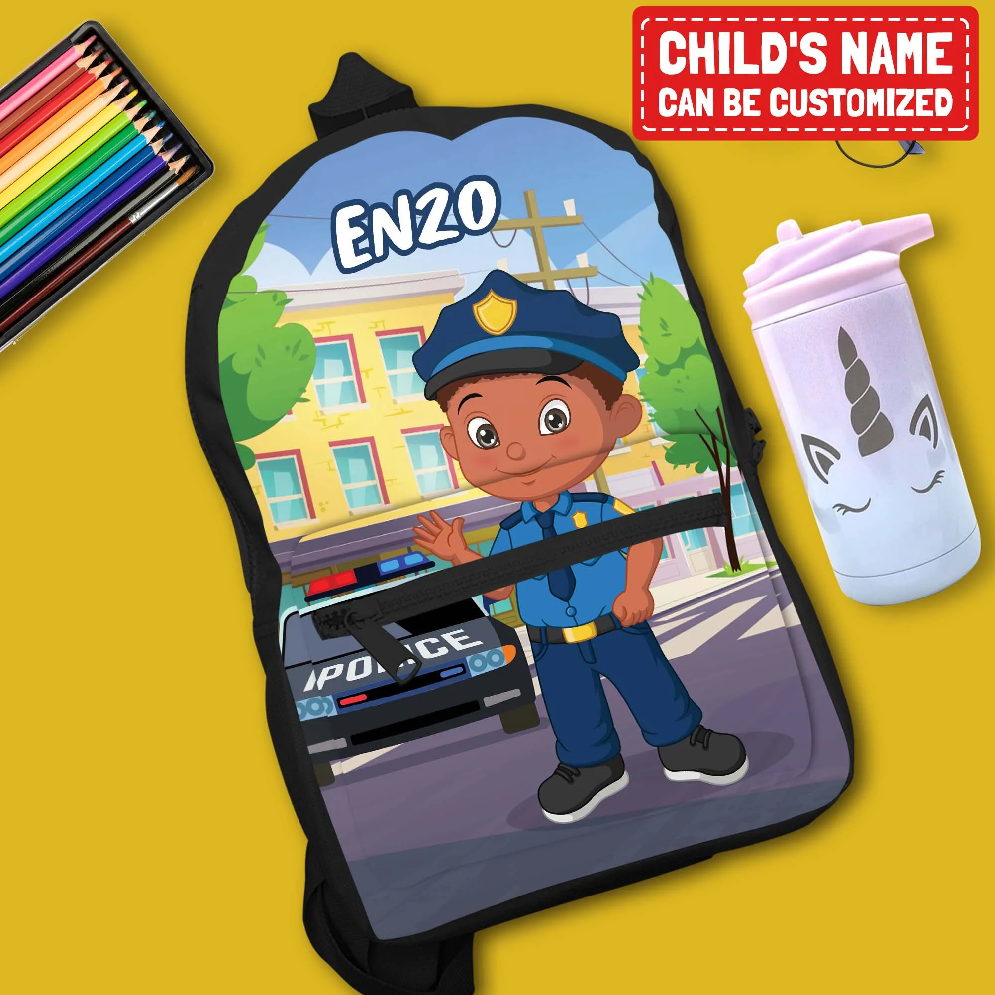 Personalized Little Afro Police Kid Backpack