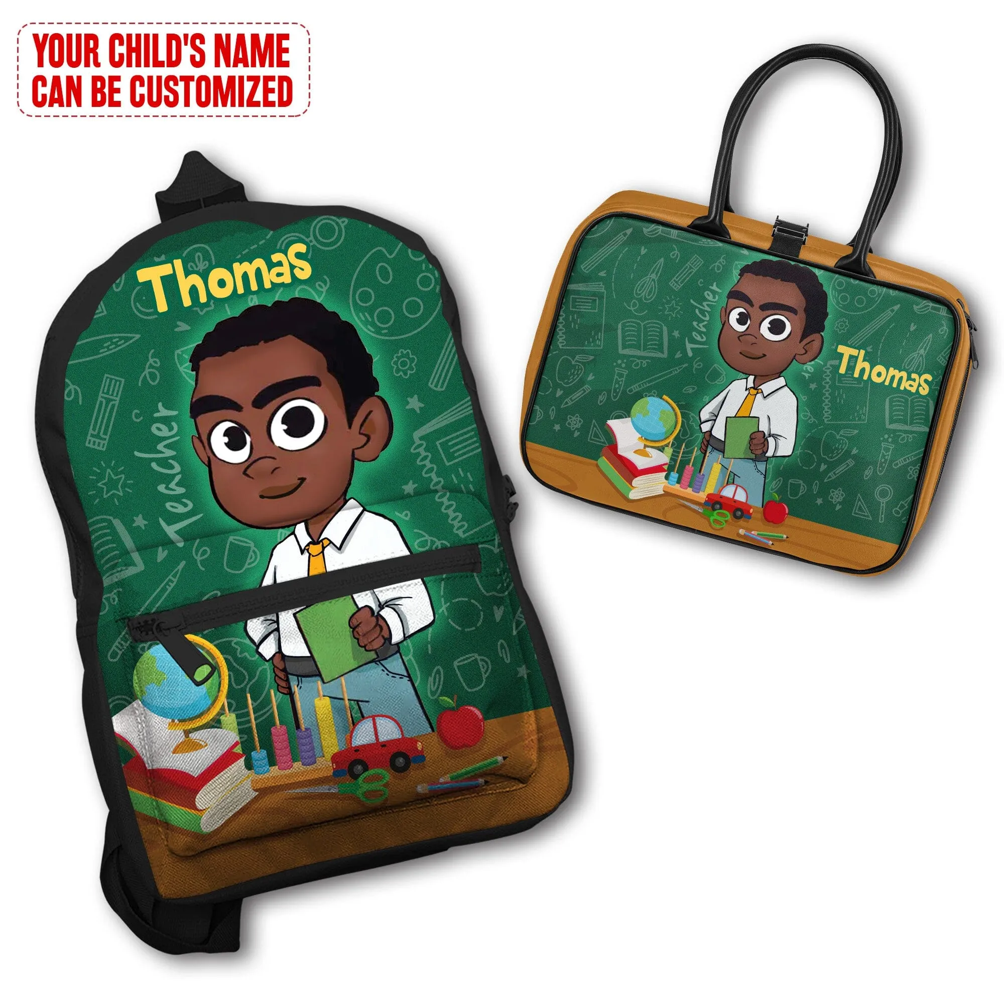 Personalized Little Afro Teacher Kid Backpack And Lunch Bag Set