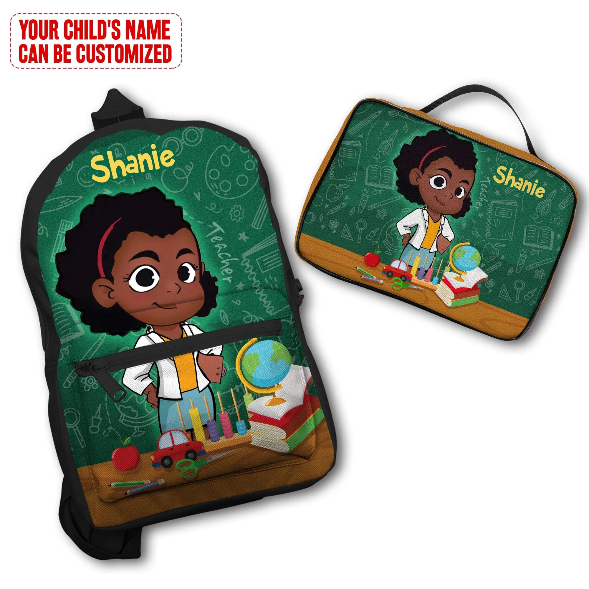 Personalized Little Afro Teacher Kid Backpack And Lunch Bag Set