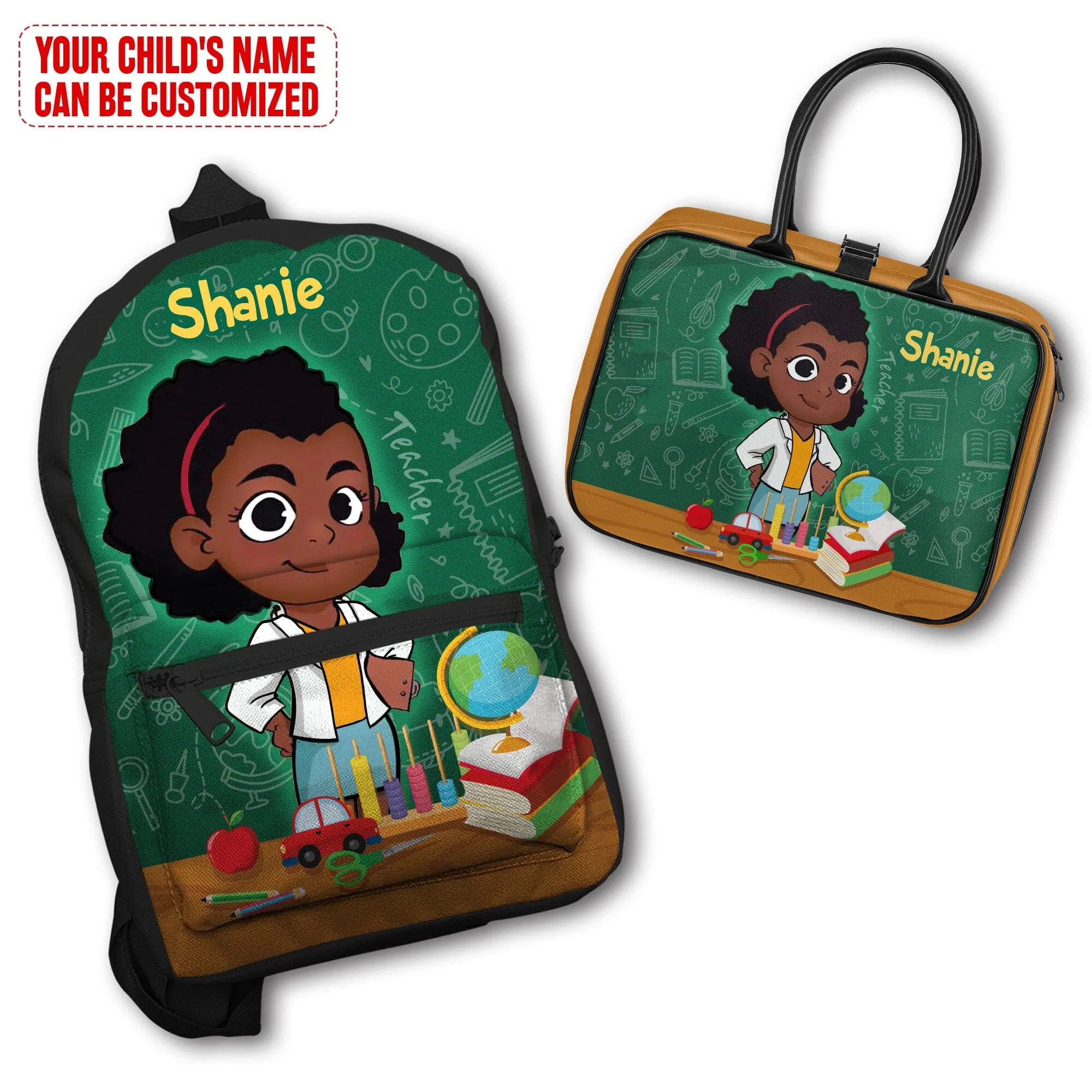 Personalized Little Afro Teacher Kid Backpack And Lunch Bag Set