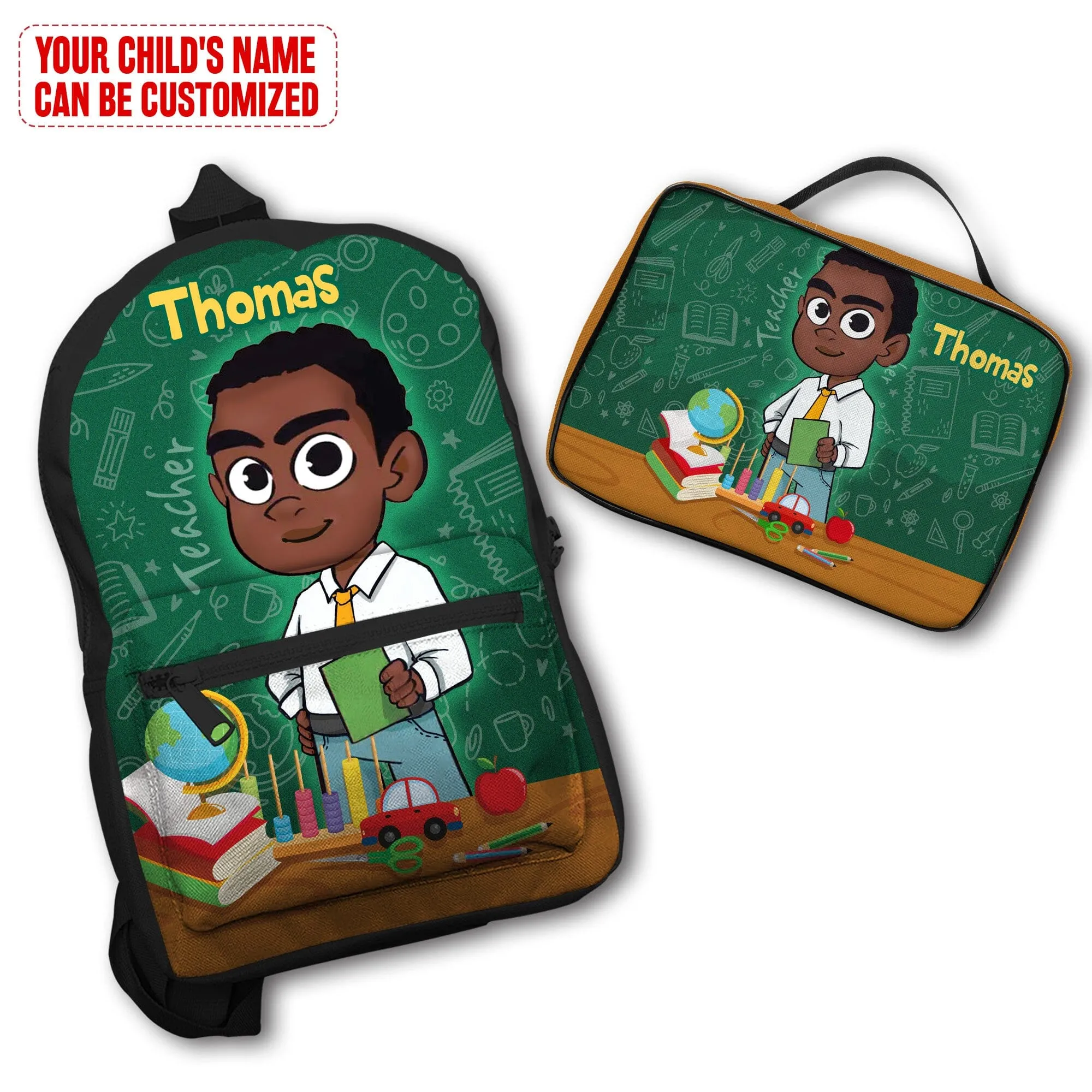 Personalized Little Afro Teacher Kid Backpack And Lunch Bag Set