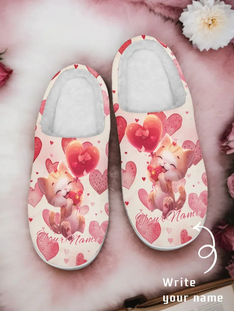 Personalized Warm Heart Slippers, Custom Fur Lining Indoor Slipper, Perfect Gift for Valentine's Day