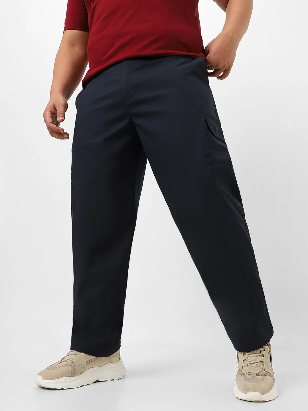 Plus Men's Navy Blue Regular Fit Solid Cargo Chino Pant with 6 Pockets