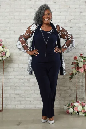 Plus Size Threadwork Floral Pantsuit with Sheer Bell Sleeves