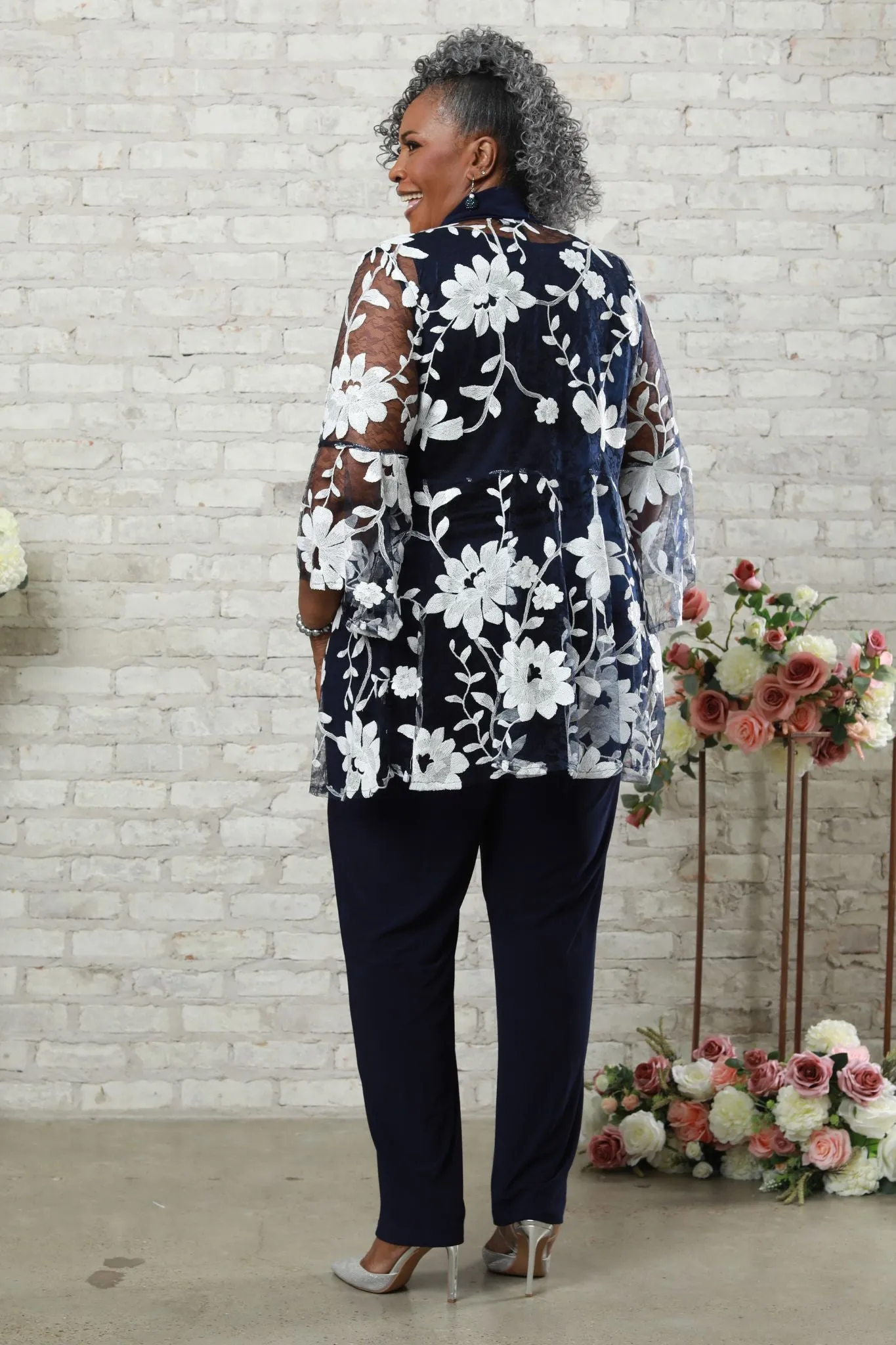 Plus Size Threadwork Floral Pantsuit with Sheer Bell Sleeves