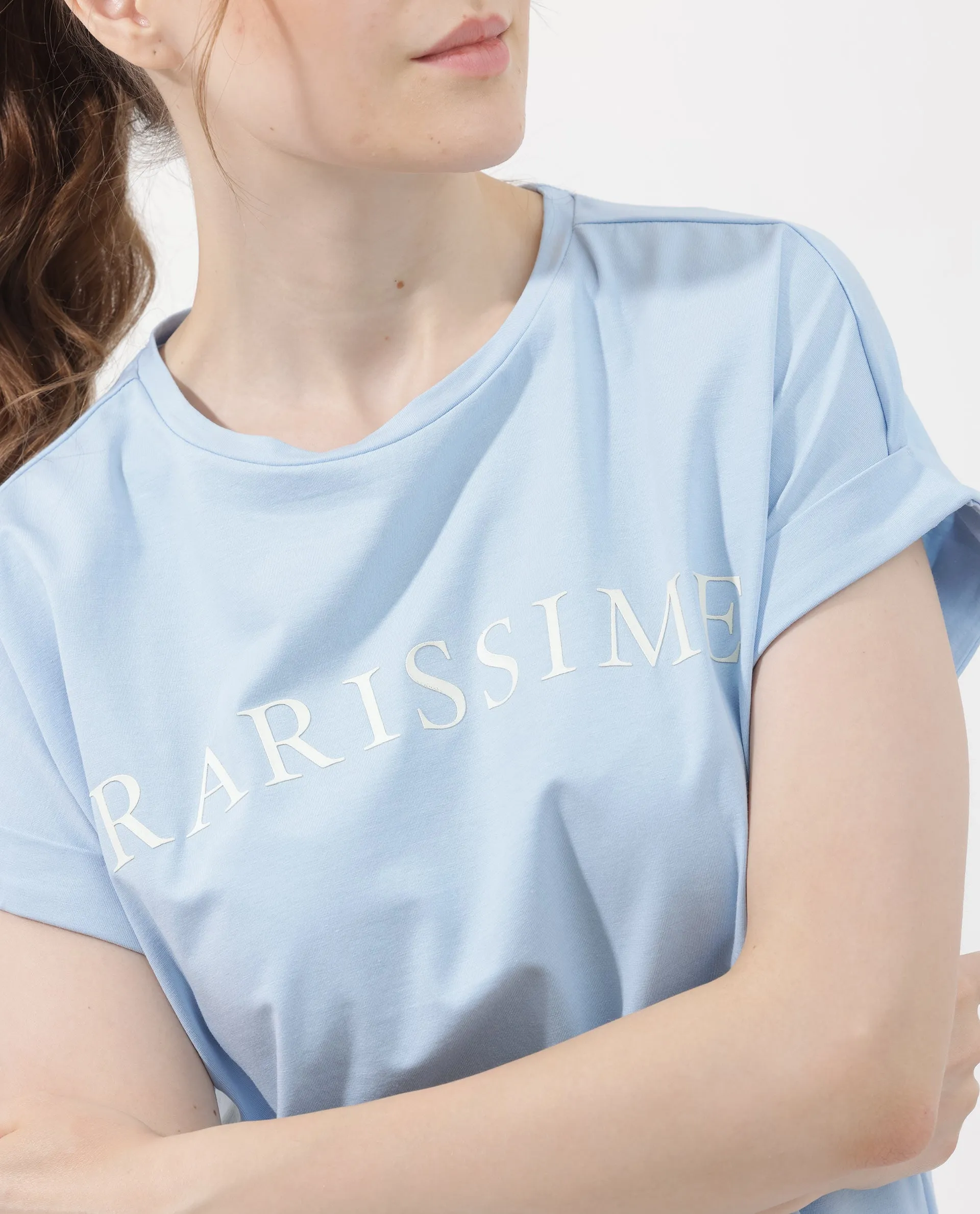 Rareism Women Alte Light Blue Cotton Elastane Fabric Crew Neck Knit Solid T-Shirt