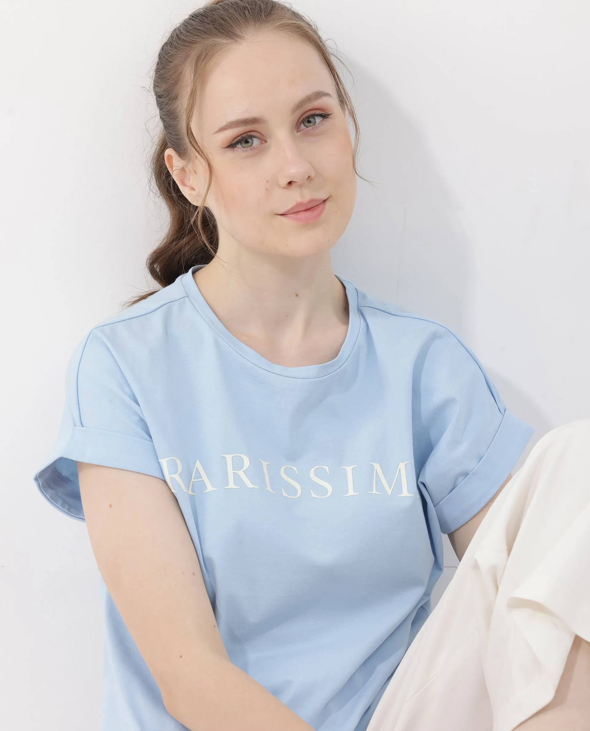 Rareism Women Alte Light Blue Cotton Elastane Fabric Crew Neck Knit Solid T-Shirt