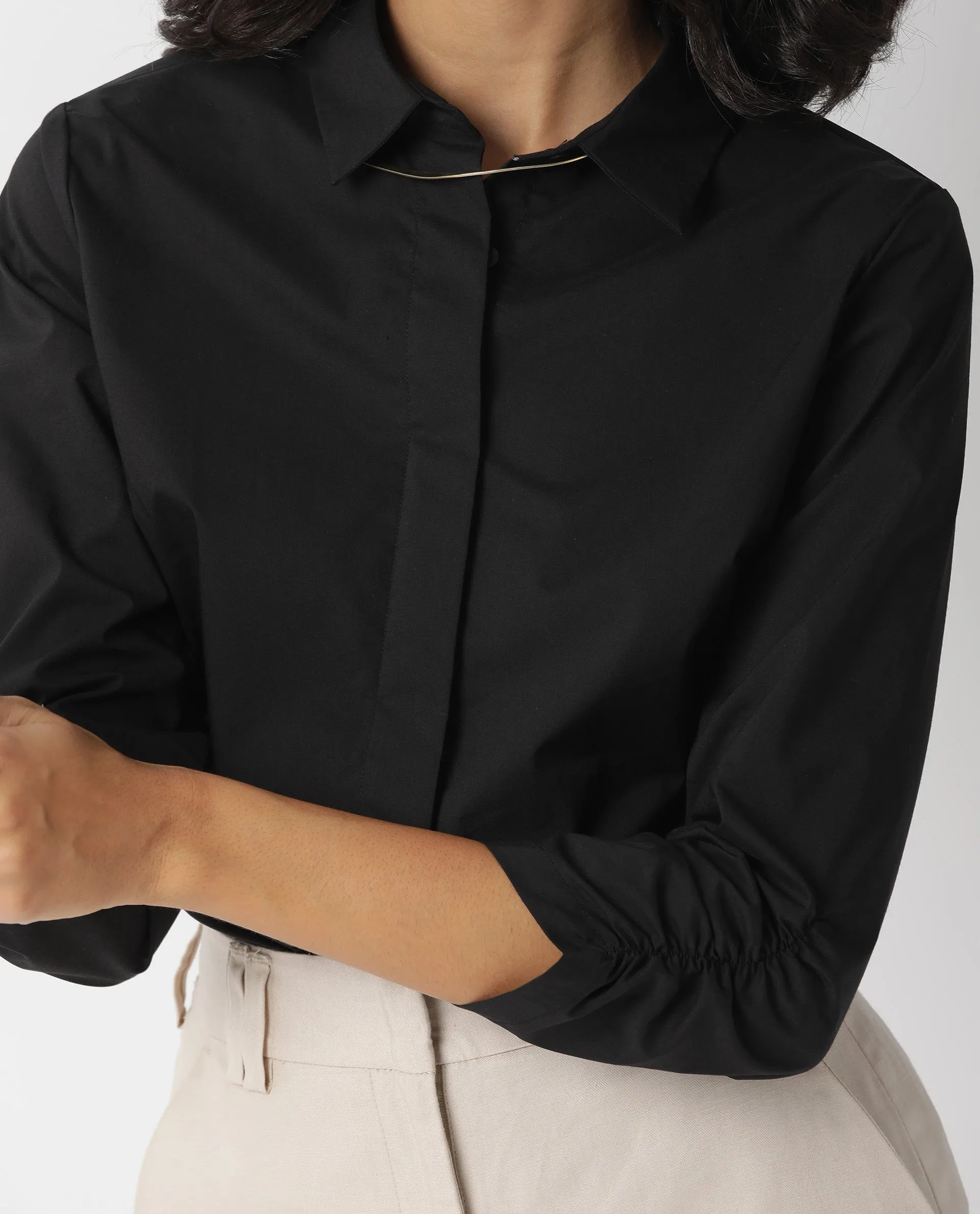 Rareism Women Cuddle Black Cotton Lycra Fabric Regular Fit Shirt Collar 3/4Th Sleeves Solid Top