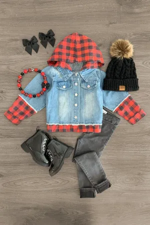 Red Buffalo Plaid Hooded Denim Jacket