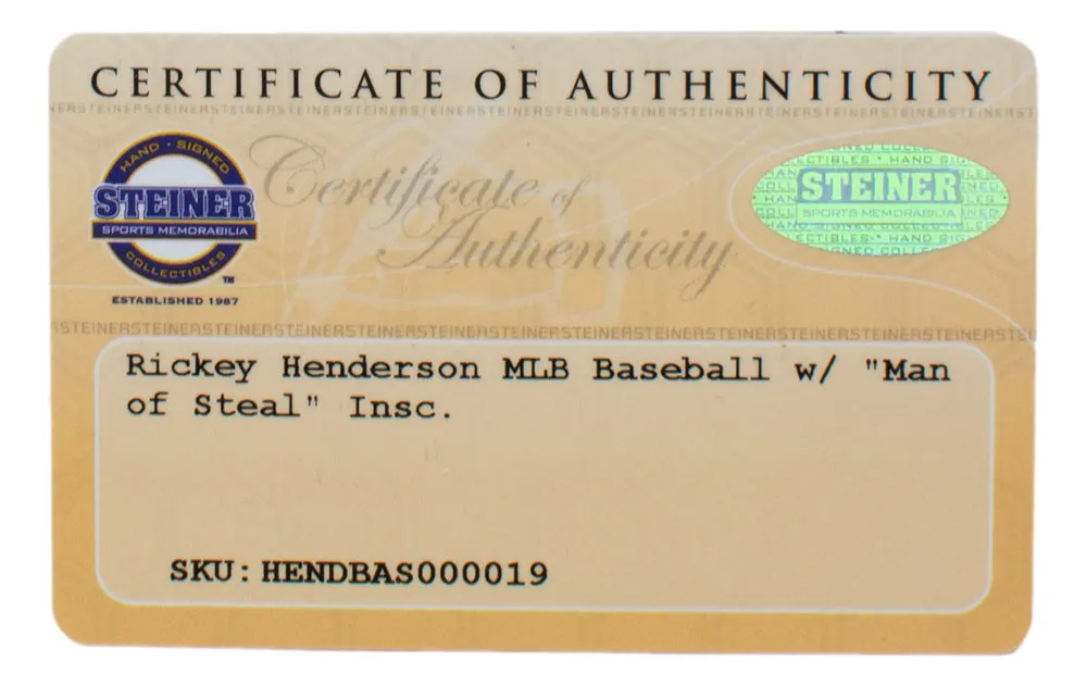 Rickey Henderson Signed Oakland A's MLB Baseball Man Of Steal Inscribed Steiner