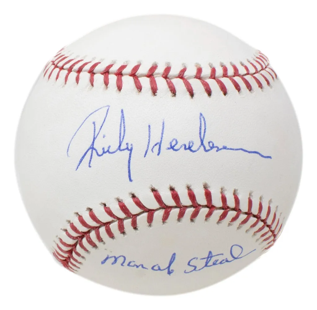 Rickey Henderson Signed Oakland A's MLB Baseball Man Of Steal Inscribed Steiner