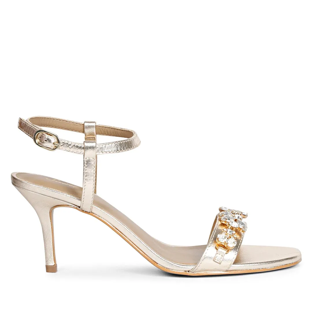 Saint Alani Transparent Stones Embellished Gold Leather Stilettos